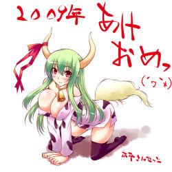 Rule 34 | 00s, 1girl, 2009, akeome, all fours, animal print, areola slip, bell, blush, breasts, cleavage, collar, cow girl, cow print, cowbell, ex-keine, female focus, green hair, happy new year, horn ornament, horn ribbon, horns, kamishirasawa keine, large breasts, long hair, neck bell, new year, oohira sansetto, oohira sunset, red eyes, ribbon, solo, tail, thighhighs, touhou
