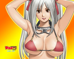 Rule 34 | 1girl, action pizazz, armpits, bikini, bikini top only, breasts, cleavage, goggles, goggles around neck, huge breasts, long hair, official art, official wallpaper, red bikini, saigado, solo, swimsuit, twintails, wallpaper, white hair