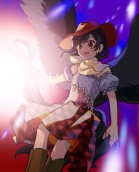 Rule 34 | 1girl, black hair, black tail, black wings, boots, brown hair, commentary request, cowboy hat, flat chest, frilled sleeves, frills, hat, highres, horizontal pupils, kaigen 1025, kurokoma saki, multicolored shirt, off-shoulder shirt, off shoulder, plaid, plaid skirt, pleated skirt, puffy short sleeves, puffy sleeves, red eyes, red hat, red skirt, shirt, short hair, short sleeves, skirt, solo, touhou, wings