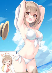 Rule 34 | 1girl, :d, ^ ^, armpits, arms up, ball, bare shoulders, beachball, bikini, blush, breasts, brown eyes, brown hair, brown headwear, brown shorts, chibi, childhood friend (ominaeshi), cleavage, closed eyes, clothes pull, commentary request, day, front-tie bikini top, front-tie top, hair between eyes, hat, unworn hat, unworn headwear, highres, holding, holding ball, horizon, looking at viewer, medium breasts, navel, ocean, ominaeshi (takenoko), open clothes, open fly, open mouth, open shorts, original, outdoors, shirt, shorts, shorts pull, side-tie bikini bottom, smile, standing, swimsuit, translation request, undressing, water, white bikini, white shirt