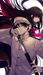 Rule 34 | 1boy, 1girl, black hair, fate/grand order, fate (series), fighting stance, floating, floating hair, fucodoku, gloves, hair over one eye, hat, head tilt, highres, holding, holding weapon, jacket, japanese clothes, koha-ace, long hair, long sleeves, looking at viewer, multicolored hair, oryou (fate), ponytail, red eyes, red hair, sakamoto ryouma (fate), scarf, upper body, very long hair, weapon, white background, white gloves, white headwear