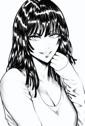 Rule 34 | 1girl, absurdres, aged up, black hair, breasts, fubuki (one-punch man), greyscale, hand up, highres, long hair, looking at viewer, monochrome, mostlybluewyatt, one-punch man, shirt, smile, t-shirt, upper body