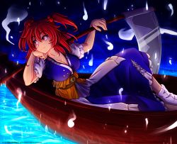 Rule 34 | 1girl, artist name, ayla kazemi, boat, breasts, cleavage, coin, dress, hair bobbles, hair ornament, hitodama, image sample, large breasts, looking away, obi, onozuka komachi, puffy sleeves, red eyes, red hair, sash, scythe, short sleeves, sitting, smile, socks, solo, touhou, twintails, two side up, water, watercraft, watermark, web address, white socks