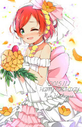Rule 34 | 10s, 1girl, ;d, bad id, bad pixiv id, blush, bouquet, bow, character name, choker, dated, dorisu2, dress, earrings, flower, frills, green eyes, hair bow, hair flower, hair ornament, happy birthday, highres, hoshizora rin, jewelry, layered dress, love live!, love live! school idol festival, love live! school idol project, love wing bell, one eye closed, open mouth, orange hair, petals, pom pom (clothes), sash, short hair, smile, solo, tears, veil, wedding dress