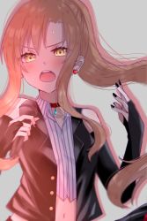 Rule 34 | 1girl, asuna (sao), bad id, bad pixiv id, black nails, black sleeves, black vest, blush, brown hair, choker, collarbone, collared shirt, crop top, detached sleeves, dress shirt, earrings, floating hair, grey background, highres, holding, holding microphone, jewelry, long hair, long sleeves, looking at viewer, microphone, midriff, miruka1024, nail polish, navel, open mouth, pendant, ponytail, red choker, shadow, shirt, sketch, solo, sparkle, stomach, striped clothes, striped shirt, sword art online, upper body, vertical-striped clothes, vertical-striped shirt, vest, white shirt, wing collar