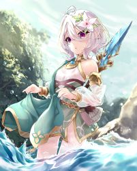 Rule 34 | 1girl, absurdres, breasts, elf, flower, highres, kokkoro (princess connect!), looking at viewer, pointy ears, princess connect!, red eyes, sazanka, short hair, small breasts, white hair