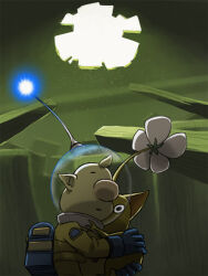 Rule 34 | 1boy, backpack, bag, big nose, black eyes, blonde hair, blue bag, blue gloves, blue light, closed eyes, colored skin, commentary request, creature, flower, gloves, grass, helmet, holding, holding creature, hole in ceiling, hug, light particles, louie (pikmin), male focus, mini person, miniboy, naru (wish field), nintendo, no mouth, parted lips, patch, pikmin (creature), pikmin (series), pointy ears, radio antenna, short hair, space helmet, spacesuit, very short hair, white flower, yellow pikmin, yellow skin