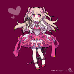 Rule 34 | 1girl, absurdres, blonde hair, bloomers, chaos marie (grimms notes), character name, chibi, cleavage cutout, clothing cutout, copyright name, dress, fang, flower ornament, frilled dress, frills, full body, grimms notes, hair ribbon, heart, highres, holding, holding weapon, jewelry, long hair, necklace, open mouth, pendant, pink eyes, puffy sleeves, red background, ribbon, shoes, simple background, smile, solo, ultrasmaaaash11, underwear, wand, weapon, white bloomers, wings