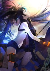 Rule 34 | 2girls, bikini, bikini top only, black coat, black hair, black rock shooter, black rock shooter (character), black rock shooter: dawn fall, black shorts, blue eyes, chain, coat, closed eyes, flaming eye, floating hair, from side, gloves, grey gloves, gun, handgun, highres, holding, holding gun, holding weapon, holster, long hair, looking up, midriff, mitsume (trancetion), multiple girls, navel, open clothes, open coat, ponytail, short shorts, shorts, stomach, swimsuit, thigh holster, twintails, very long hair, weapon, white bikini