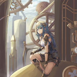 Rule 34 | 1girl, absurdres, android, blue eyes, blue hair, cable, commentary request, corset, damaged, gauge, gears, highres, long hair, looking at viewer, mechanical parts, original, randomcatbox, shorts, sitting, smile, steampunk