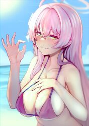 Rule 34 | 1girl, ahoge, bikini, blue archive, blue sky, breasts, cleavage, closed mouth, day, green eyes, hair between eyes, halo, hanako (blue archive), hanako (swimsuit) (blue archive), hand on own chest, highres, large breasts, long hair, looking at viewer, neroshi, ok sign, pink hair, red bikini, sky, smile, solo, swimsuit, teeth, tongue, tongue out, upper body, upper teeth only
