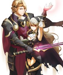 Rule 34 | 1boy, 1girl, arm up, armor, armored leotard, armpits, ascot, black armor, black cape, black hairband, black legwear, black leotard, blonde hair, breasts, cape, circlet, cleavage, closed mouth, corrin (female) (fire emblem), corrin (female) (nohr noble) (fire emblem), corrin (fire emblem), curly hair, energy, faulds, fire emblem, fire emblem fates, grey hair, hair between eyes, hairband, holding, holding sword, holding weapon, leotard, long hair, medium breasts, nintendo, red cape, red eyes, robaco, short hair, shoulder armor, standing, sword, torn cape, torn clothes, very long hair, weapon, white ascot, white background, xander (fire emblem)