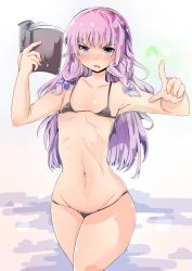 Rule 34 | 1girl, absurdres, angry, armpits, bikini, black bikini, blue eyes, blush, book, braid, collarbone, female focus, flat chest, hair ribbon, highres, hip focus, long hair, looking at viewer, micro bikini, navel, open book, open mouth, patchouli knowledge, pointing, purple hair, reading, ribbon, ribs, sinonomescocoa, solo, standing, swimsuit, touhou, twin braids, wide hips
