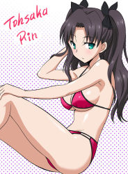 Rule 34 | 1girl, alternate breast size, bikini, black hair, blush, breasts, cleavage, fate/stay night, fate (series), green eyes, hair ribbon, large breasts, long hair, looking at viewer, marugoshi teppei, red bikini, ribbon, sideboob, solo, swimsuit, tohsaka rin, twintails, two side up, underboob