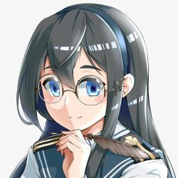 Rule 34 | 1girl, alternate eyewear, black hair, blue eyes, blush stickers, collared shirt, glasses, hand on own chin, headband, kantai collection, ooyodo (kancolle), pen, roah, shirt, smile, solo, white background