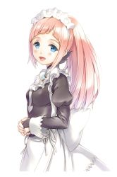 Rule 34 | 1girl, :d, apron, blue eyes, felicia (fire emblem), fire emblem, fire emblem fates, frills, kurage (kurakurapix), long hair, maid, maid apron, maid headdress, nintendo, open mouth, own hands together, pink hair, ponytail, smile, solo, wrist cuffs