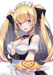 Rule 34 | 1girl, ahoge, animal ears, apron, black bow, black skirt, blonde hair, blush, bow, breasts, cleavage, collar, commentary request, dated, detached collar, detached sleeves, food, frills, hair between eyes, hair bow, hand up, heart, highres, hirota fruit, holding, holding plate, kemonomimi mode, long hair, maid, maid headdress, medium breasts, nijisanji, omelet, omurice, open mouth, plate, puffy short sleeves, puffy sleeves, purple eyes, short sleeves, sidelocks, skirt, solo, takamiya rion, takamiya rion (3rd costume), teeth, twintails, twitter username, upper teeth only, virtual youtuber, waist apron, white apron, white collar, white sleeves, wing collar