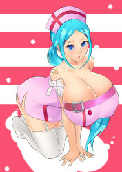 Rule 34 | 1girl, all fours, aqua hair, bandages, bandaid, bare shoulders, blue eyes, bluespice, breasts, cleavage, garter straps, hair ornament, hairclip, hat, highres, huge breasts, long hair, matching hair/eyes, nurse, nurse cap, open mouth, ponytail, solo, thighhighs, white thighhighs