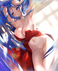 Rule 34 | 1girl, absurdres, arms up, blue eyes, blue hair, bottomless, breasts, commission, feet out of frame, floral print, highres, japanese clothes, kimono, kumatora tatsumi, large breasts, long hair, lying, navel, nipples, on side, original, red kimono, skeb commission, smile, solo, thighs, very long hair