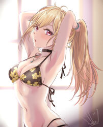 Rule 34 | 1girl, absurdres, adjusting hair, arched back, armpits, arms up, bikini, black bikini, black choker, blonde hair, blush, breasts, choker, cleavage, floral print, highres, jewelry, kirin 13, kitagawa marin, long hair, looking at viewer, medium breasts, multi-strapped bikini, navel, necklace, open mouth, ponytail, red eyes, signature, solo, sono bisque doll wa koi wo suru, stomach, swimsuit, window