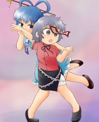 Rule 34 | 2girls, arms up, black footwear, black skirt, blue dress, blue eyes, blue hair, chestnut mouth, chibi, chinese clothes, commentary request, covered mouth, dress, floating, gradient background, grey eyes, grey hair, hair ornament, hair rings, hair stick, holding another&#039;s wrist, kaku seiga, legband, legs apart, loafers, looking at viewer, looking to the side, miyako yoshika, multiple girls, no headwear, ofuda, outstretched arm, petticoat, pigeon-toed, puffy short sleeves, puffy sleeves, purple background, red shirt, shirt, shoes, short hair, short sleeves, side slit, simple background, skirt, standing, touhou, yukimuro