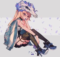 Rule 34 | 1girl, animal skull, ankle strap, arm support, bad id, bad pixiv id, bare shoulders, between legs, black shorts, black thighhighs, blonde hair, blue eyes, blue footwear, blue jacket, blue nails, bow, candy, commentary, crescent, crystal, curled horns, dragon print, english commentary, fingernails, food, garter straps, grey background, head tilt, high heels, highres, holding, horns, jacket, jacket on shoulders, kaneblob, lips, long fingernails, long hair, long sleeves, looking at viewer, mary janes, mouth hold, multicolored hair, nail polish, original, parted lips, print thighhighs, scales, shirt, shoes, short shorts, shorts, sitting, skull, skull-shaped hat, skull hat, sleeveless, sleeveless shirt, solo, strappy heels, teeth, thighhighs, two-tone hair, upper teeth only, white shirt