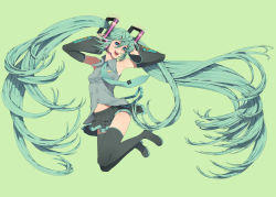 Rule 34 | 1girl, aqua hair, armpits, bare shoulders, black thighhighs, blue eyes, detached sleeves, female focus, full body, hatsune miku, highres, jumping, legs, long hair, midair, nayu, necktie, open mouth, simple background, skirt, smile, solo, thighhighs, very long hair, vocaloid