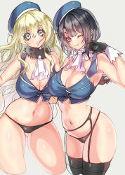 Rule 34 | 10s, 2girls, ;), adapted costume, atago (kancolle), bad id, bad pixiv id, beret, black gloves, black hair, black legwear, black panties, blonde hair, blue eyes, breasts, cleavage, contrapposto, cropped legs, garter belt, garter straps, gloves, grey background, hat, highres, hohehohe, kantai collection, large breasts, long hair, multiple girls, navel, neckerchief, no pants, one eye closed, open mouth, panties, red eyes, short hair, simple background, smile, standing, takao (kancolle), thighhighs, underwear