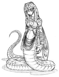 Rule 34 | artist request, breasts, cleavage, hood, jewelry, lamia, monochrome, monster girl, necklace, scales, simple background, snake, tagme, tail