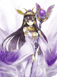 Rule 34 | 1girl, armlet, bangle, bare shoulders, black hair, blunt bangs, bracelet, cleavage cutout, clothing cutout, detached sleeves, egyptian, egyptian clothes, hair tubes, hairband, headdress, hime cut, isis (p&amp;d), jewelry, light smile, long hair, looking at viewer, lots of jewelry, purple eyes, puzzle &amp; dragons, sidelocks, solo, staff, tsurime, yoshimo (yoshimo1516)