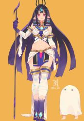 Rule 34 | 1girl, animal ears, ankh, ankh earrings, bare shoulders, barefoot, barefoot sandals (jewelry), black hair, blush, breasts, earrings, egyptian, egyptian clothes, elbow gloves, fate (series), gloves, highres, jackal ears, jewelry, kasandra (xenoblade), long hair, medium breasts, medjed (fate), midriff, navel, nintendo, pelvic curtain, pink eyes, pointy ears, purple gloves, sharp toenails, sidelocks, simple background, smile, solo, sou (pale 1080), staff, thighhighs, toenails, usekh collar, white gloves, xenoblade chronicles (series), xenoblade chronicles 2, yellow background