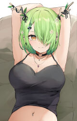 Rule 34 | 1girl, antler ribbon, antlers, arms behind head, black choker, breasts, ceres fauna, ceres fauna (goth), choker, cleavage, closed mouth, commentary, english commentary, flower, green hair, hair flower, hair ornament, hair over one eye, hairclip, heart, heart choker, highres, hololive, hololive english, horns, jewelry, large breasts, looking at viewer, mole, mole under eye, navel, navel piercing, necklace, piercing, short hair, shuuzo3, smile, solo, tree horns, virtual youtuber, white flower, yellow eyes