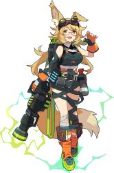 Rule 34 | 1girl, animal ear fluff, animal ears, artist request, backpack, bag, bandaged leg, bandages, belt, blonde hair, blush, boots, bottle, breasts, brown-framed eyewear, clothing cutout, dress, electricity, fang, female focus, fox ears, fox girl, fox tail, full body, glasses, gloves, goggles, green-tinted eyewear, green dress, half-closed eyes, hand up, happy, highres, holding, holding weapon, light blush, long hair, looking at viewer, medium breasts, night-vision device, non-web source, official art, open mouth, orange eyes, orange footwear, orange gloves, pouch, proton pack, renoir (world flipper), semi-rimless eyewear, short dress, sidelocks, simple background, skin fang, sleeveless, sleeveless dress, smile, solo, spray bottle, tail, tinted eyewear, transparent background, underboob cutout, utility belt, waving, weapon, world flipper