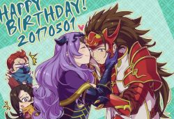 Rule 34 | 2boys, 2girls, aqua background, armor, blank eyes, blush, breasts, brown hair, camilla (fire emblem), circlet, cleavage, crossed arms, dated, fire emblem, fire emblem fates, gloves, hair over one eye, happy birthday, heart, hetero, hiyori (rindou66), kagero (fire emblem), kiss, kissing cheek, large breasts, long hair, looking down, mask, multiple boys, multiple girls, nintendo, one eye closed, open mouth, patterned background, ponytail, purple eyes, purple hair, red eyes, red gloves, red hair, ryoma (fire emblem), saizo (fire emblem), scar, scarf, spiked hair, surprised, teal background, torn clothes, vambraces, very long hair, wavy hair