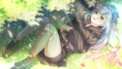 Rule 34 | 1girl, :d, amatsuji, arm up, protagonist (pso2), black coat, black footwear, bloom, blue hair, blurry, blush, boots, braid, coat, commission, dappled sunlight, day, depth of field, eyelashes, flower, full body, hair spread out, hand on own stomach, happy, highres, long hair, long sleeves, looking at viewer, lying, navel, on back, on grass, open mouth, outdoors, phantasy star, phantasy star online 2, purple eyes, side braid, signature, skeb commission, smile, solo, sunlight, thighs, white flower, wide sleeves