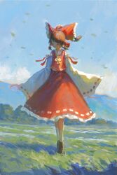 Rule 34 | 1girl, ascot, blush, bow, brown footwear, brown hair, closed eyes, closed mouth, detached sleeves, fjsmu, frilled bow, frilled hair tubes, frilled skirt, frills, full body, grass, hair bow, hair tubes, hakama, hakurei reimu, highres, japanese clothes, leaf, long sleeves, outdoors, red bow, red hakama, red ribbon, red shirt, red skirt, ribbon, ribbon-trimmed shirt, ribbon-trimmed skirt, ribbon-trimmed sleeves, ribbon trim, shirt, skirt, sky, socks, solo, touhou, white sleeves, white socks, wide sleeves, yellow ascot