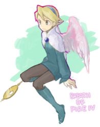 Rule 34 | 1girl, angel wings, blonde hair, blue footwear, boots, breath of fire, breath of fire iv, brooch, closed mouth, commentary request, dress, hairband, jewelry, knee boots, lowres, nina (breath of fire iv), pantyhose, short hair, simple background, skirt, solo, staff, toisu, weapon, white background, white wings, wings