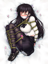 Rule 34 | 1girl, arms behind back, bdsm, bed sheet, black bow, black bowtie, black footwear, black hair, black pantyhose, black sailor collar, black skirt, blush, bondage, bound, bound arms, bound legs, bow, bowtie, breasts, closed eyes, cloth gag, controller, embarrassed, female focus, from above, gag, gagged, highres, improvised gag, japanese text, legs together, long hair, long sleeves, lying, medium breasts, miniskirt, nose blush, on side, original, pantyhose, pleated skirt, remote control, remote control vibrator, rope, sailor collar, sakurayashiki nisei, school uniform, serafuku, sex toy, shirt, shoes, skindentation, skirt, solo, speech bubble, tears, translation request, trembling, vibrator, vibrator cord, vibrator under clothes, white background, white shirt