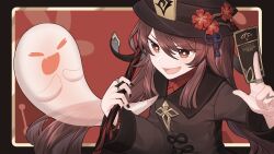 Rule 34 | 1girl, :d, black nails, boo tao (genshin impact), border, bright pupils, brown border, brown coat, brown hair, brown hat, coat, commentary, english commentary, flower, flower-shaped pupils, genshin impact, ghost, hair between eyes, hat, hat flower, hat tassel, highres, holding, holding polearm, holding weapon, hu tao (genshin impact), jewelry, long hair, multiple rings, open mouth, orange eyes, polearm, red background, ring, rktsm, simple background, smile, solo, swept bangs, symbol-shaped pupils, twintails, upper body, weapon, white pupils