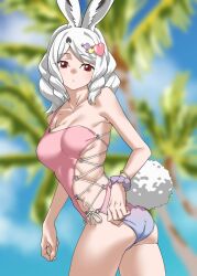 Rule 34 | 1girl, animal ears, arctic hare (kemono friends), asymmetrical one-piece swimsuit, bare shoulders, blurry, blurry background, breasts, casual one-piece swimsuit, commentary, cowboy shot, gradient swimsuit, hair ornament, heart, heart hair ornament, highres, kemono friends, kemono friends 3, large breasts, midriff, official alternate costume, one-piece swimsuit, palm tree, pink one-piece swimsuit, rabbit ears, rabbit girl, rabbit tail, red eyes, scrunchie, short hair, sidelocks, single-shoulder one-piece swimsuit, single strap, solo, swimsuit, tail, tanabe (fueisei), tree, twisted torso, two-tone one-piece swimsuit, white hair, wrist scrunchie