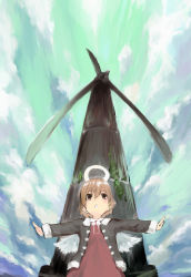 Rule 34 | 00s, 1girl, brown eyes, brown hair, cloud, coat, from below, haibane renmei, halo, outstretched arms, rakka (haibane), short hair, sky, solo, spread arms, u (the unko), wind turbine, windmill, wings, aged down