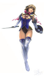 Rule 34 | 00s, 1girl, 2007, blonde hair, boots, breasts, cassandra alexandra, cleavage, gloves, green eyes, jayun, large breasts, necktie, pink necktie, shield, short hair, solo, soul calibur, soulcalibur, soulcalibur iv, sword, thigh boots, thighhighs, weapon