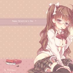 Rule 34 | 10s, 1girl, 2012, ahoge, arm up, artist name, between breasts, between legs, black thighhighs, blush, bow, bowtie, box, breasts, brown background, brown eyes, brown hair, buttons, collarbone, dated, english text, finished, food, food in mouth, glasses, hair between eyes, hair over shoulder, hair ribbon, hand between legs, happy valentine, highres, hip focus, lace, lace-trimmed skirt, lace trim, long hair, long sleeves, looking at viewer, mouth hold, no bra, north abyssor, open clothes, open mouth, open shirt, original, panties, panties around leg, pink background, pink panties, plaid, plaid ribbon, plaid skirt, pocky, polka dot, polka dot background, red-framed eyewear, ribbon, sad, school uniform, semi-rimless eyewear, shirt, signature, sitting, skirt, sleeve cuffs, solo, thighhighs, twintails, two side up, unbuttoned, under-rim eyewear, underwear, valentine, very long hair, wariza, white ribbon, white shirt, wing collar, zettai ryouiki