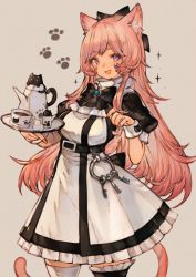 Rule 34 | 1girl, :d, animal, animal ears, belt, bow, breasts, cat, cat ears, cat girl, cat tail, commission, cup, dress, frilled dress, frills, highres, kemomin nosuke, key, keyring, long hair, maid, medium breasts, open mouth, original, pink hair, puffy short sleeves, puffy sleeves, purple eyes, saucer, short sleeves, skeb commission, smile, tail, tea, teacup, teapot, thighhighs