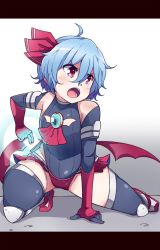 Rule 34 | 1girl, alternate costume, ascot, black gloves, black thighhighs, blue hair, brooch, commentary request, elbow gloves, gauntlets, gloves, gradient background, hair ribbon, highres, jewelry, leotard, open mouth, red eyes, remilia scarlet, ribbon, solo, squatting, thighhighs, touhou, tsukigi