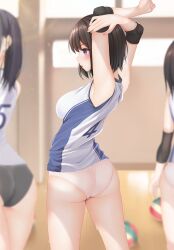 Rule 34 | 3girls, armpits, arms up, ass, ball, blue eyes, blurry, blurry background, breasts, brown hair, elbow pads, elbow sleeve, highres, indoors, knee pads, large breasts, minato ojitan, multiple girls, no pants, original, panties, pink panties, shirt, sleeveless, sleeveless shirt, solo focus, sportswear, stretching, underwear, volleyball (object), volleyball uniform