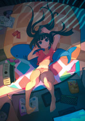 Rule 34 | 1girl, absurdres, barefoot, black hair, blue eyes, bow, bow panties, breasts, cellphone, closed mouth, commentary, english commentary, engrish commentary, highres, holding, holding phone, long hair, looking at viewer, lying, multicolored clothes, multicolored panties, on back, original, panties, phone, pink panties, small breasts, smartphone, smile, soar, solo, striped clothes, striped panties, underwear, white panties