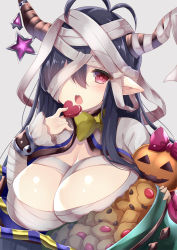 Rule 34 | 1girl, antenna hair, bad id, bad pixiv id, bandages, bandaged head, bandages, black hair, blush, breasts, commentary, cookie, danua, draph, food, granblue fantasy, grey background, halloween, heart, heart-shaped pupils, holding, horn ornament, horns, jack-o&#039;-lantern, large breasts, long hair, looking at viewer, open mouth, pointy ears, red eyes, simple background, sleeves past wrists, symbol-shaped pupils, upper body, yuzu-aki