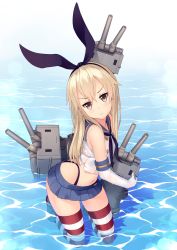 Rule 34 | 10s, 1girl, :3, blonde hair, crop top, crop top overhang, elbow gloves, gloves, hairband, highres, kantai collection, kneeling, long hair, looking at viewer, machinery, microskirt, navel, open mouth, panties, partially submerged, rensouhou-chan, shimakaze (kancolle), skindentation, skirt, solo, striped clothes, striped thighhighs, takibi (tamikyo), thighhighs, turret, underwear, wading, yellow eyes