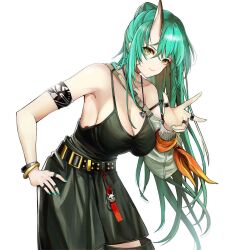 Rule 34 | 1girl, arknights, armband, bangle, bare shoulders, belt, black belt, black camisole, black pants, bracelet, breasts, camisole, cleavage, commentary, cowboy shot, green hair, green nails, hand on own hip, high-waist pants, highres, horns, hoshiguma (arknights), jewelry, jia redian ruzi ruzi, large breasts, leaning forward, long hair, looking at viewer, multiple rings, official alternate costume, pants, ponytail, ring, simple background, single horn, smile, solo, spaghetti strap, w, white background, yellow eyes